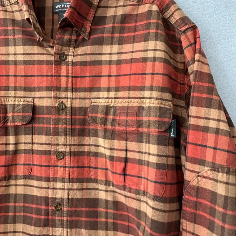 Woolrich Mens Large Red Orange Brown Plaid Classic Long Sleeve Button Work Shirt - Picture 4 of 14